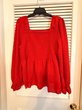 SHEIN Red Smocked Square-Neck Peplum Blouse